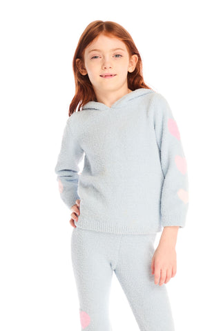 Chaser Cropped Shirred Snowflake Hoodie
Young girl wearing a light gray hoodie with pink heart designs on a white background