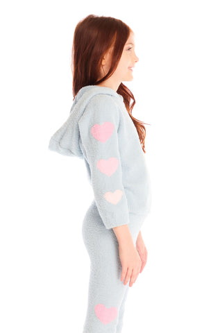 Chaser Cropped Shirred Snowflake Hoodie
Light gray onesie with pink heart designs worn by a person on a white background