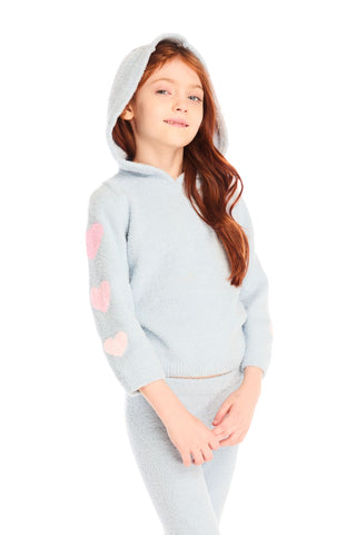 Chaser Cropped Shirred Snowflake Hoodie
Child wearing a light gray hoodie with pink accents on a white background