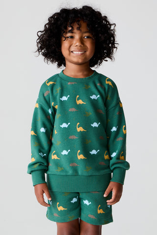 Chaser Dino Party Boys Pullover
Child wearing a green sweatshirt and shorts set with dinosaur patterns on a plain background