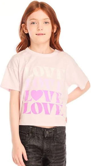 Chaser Love Tee
Young girl wearing a light pink t-shirt with 'I LOVE LOVE' in purple text on a white background