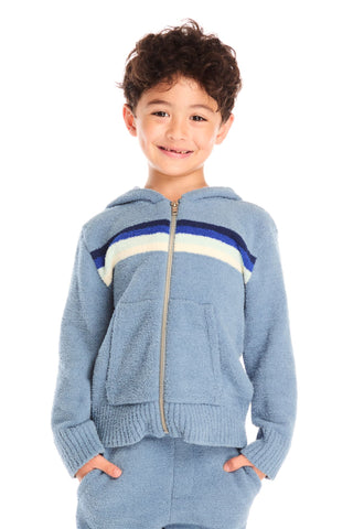 Chaser Paxton Tahoe Blue Zip Up Hoodie
Child wearing a blue zip-up hoodie with colorful stripes on a white background