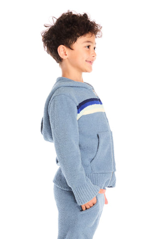 Chaser Paxton Tahoe Blue Zip Up Hoodie
Child wearing a blue sweater with color-blocked design on a white background