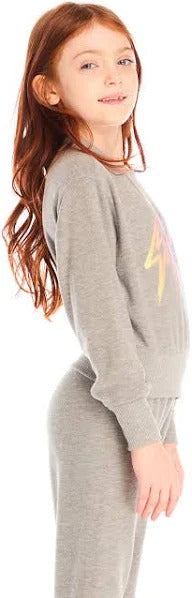 Chaser Rainbow Bolts Pullover
Person wearing a gray outfit with a yellow design on a white background