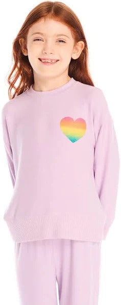 Chaser Rainbow Glitter Heart Pullover
Child wearing a light purple sweatshirt with a rainbow heart design.