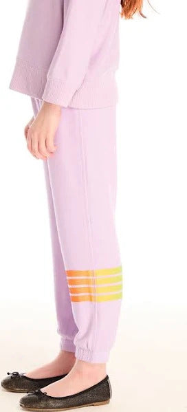 Chaser Rainbow Glitter Pants
Light purple jogger pants with yellow stripes worn by a person on a white background