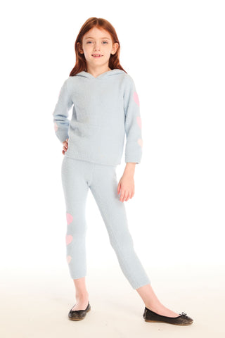Chaser Slim Snowflake Legging
Young girl wearing a light gray hoodie and pants with pink accents on a white background