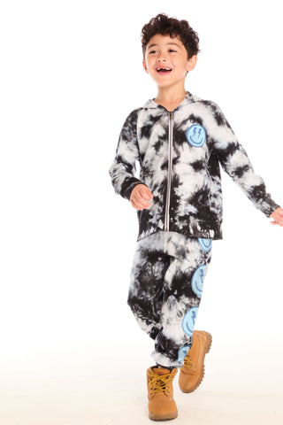 Chaser Smiley Bolt Hoodie
Child wearing a tie-dye onesie with a happy face design on a white background