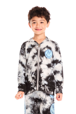 Chaser Smiley Bolt Hoodie
Child wearing a tie-dye onesie with a blue logo on a white background