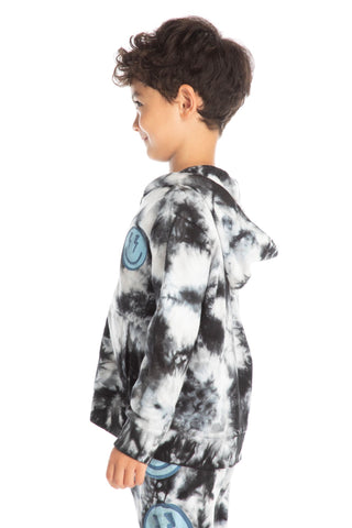 Chaser Smiley Bolt Hoodie
Child wearing a black and white tie-dye hoodie with blue patches on a white background