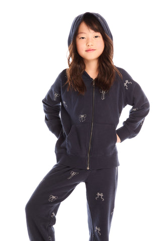 Chaser Tossed Glitter Bows Zip Up Hoodie
Child wearing a navy blue hoodie and pants with embroidered designs on a white background