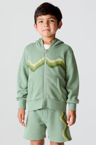 Chaser Wide Leg Wave Stripe Leaf Green Shorts
Child wearing a green hoodie and shorts set with a white background