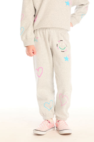 Chaser Winter Love Pants
Children's outfit with heart and star patterns on a plain background