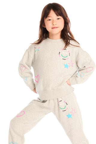 Chaser Winter Love Stitches Long Sleeve
Child wearing a light gray outfit with colorful patterns on a white background
