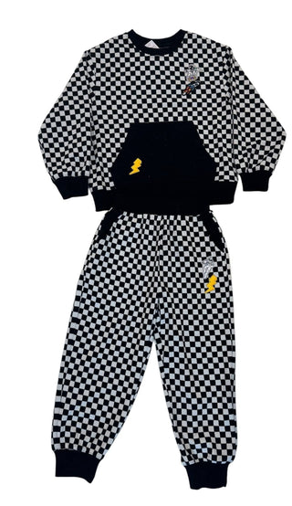 Lola and The Boys Checker Astro Patch Set
Black and white checkered sweatshirt and pants set with small yellow logo on a white background