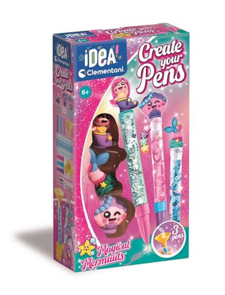 Clementoni Idea Create Your­ Pens – Magical Mermaids
Clementoni Idea! Create your Pens Magical Mermaids toy set in its original retail packaging, featuring three decorative mermaid-themed pens on the front of the box.