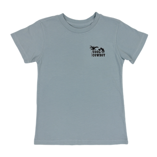 Tiny Whales Cool It Cowboy Tee - Lake
Gray t-shirt with a black graphic and text on a white background