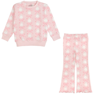 Sweet Wink Coquette Ghost Halloween Sweatshirt & Flare Legging Set
Pink pajama set with animal and bow pattern on a white background