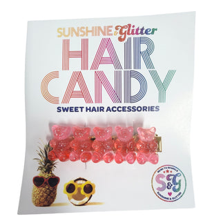 Coral Sunshine & Glitter Gummy Bear Hair Candy Hair Clip with sparkling glitter accents and playful design, perfect for kids' hairstyles.