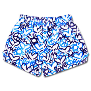 Iscream Corey Paige Bright Star Plush Shorts
Shorts with blue and purple abstract pattern on a white background