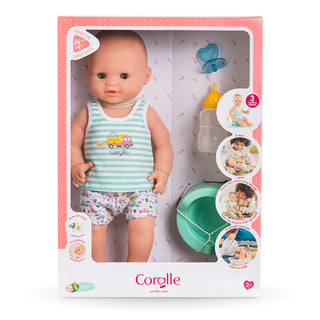 Corolle 14" Doll - Drink and Wet Baby 14" Doll - Paul
Corglle baby doll in packaging with accessories on a white background