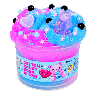 Peachybbies Icee Slime - Cotton Candy Boba Slush
A clear plastic tub filled with bright pink and blue slime topped with star-shaped sprinkles, heart decorations, black beads, and translucent bubble toppers. The tub label reads 'COTTON CANDY COBA SLUSH' with a pink teddy bear illustration.
