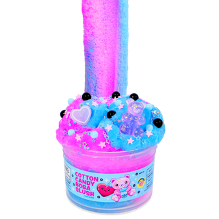 Peachybbies Icee Slime - Cotton Candy Boba Slush
A tub of cotton candy, blushing, or slime-like party makeup product with a long vertical pink and blue fluffy stick rising out of the top. The container is decorated with pastel blue and pink star confetti, small black beads, and translucent heart and star embellishments.