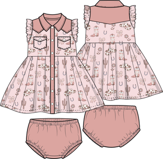 Angel Dear Western Pearl Snap Dress & Bloomer - Cowgirl Boots and Bows
Children's outfit set with pink dress and bloomers featuring cactus and cowboy pattern on a white background.
