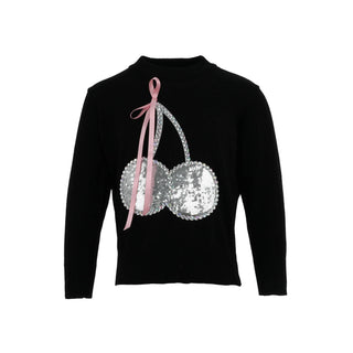 Lola and The Boys Crystal Cherry Sweater
Black long-sleeve top with silver sequin cherries and pink ribbon on a white background