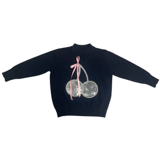 Lola and The Boys Crystal Cherry Sweater
Black sweater with silver sequin cherries and pink bow on a white background