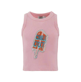 Lola and The Boys Crystal Chill Out Tank Top
Pink tank top with a colorful graphic design on a white background