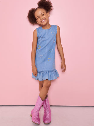 Lola & The Boys Crystal Rainbow Heart denim dress with colorful heart embroidery and casual denim fabric.
