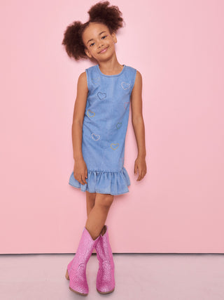 Lola & The Boys Crystal Rainbow Heart denim dress with colorful heart embroidery and classic jean styling.