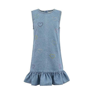 Lola & The Boys Crystal Rainbow Heart denim dress with colorful heart embroidery on the front and classic denim style.