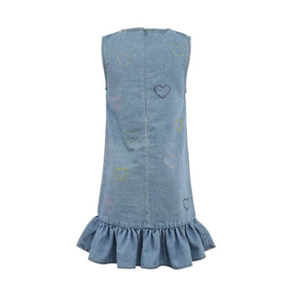 Lola & the Boys Crystal Rainbow Heart Denim Dress shown on a hanger with colorful heart embroidery details.