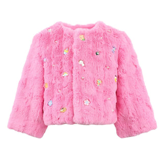 Lola and The Boys Cutie Charms Faux Fur Jacket
Pink fluffy jacket with colorful embellishments on a white background