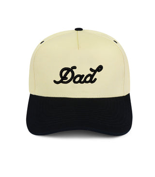 Dad Brand Dad snapback hat in cream and black with front logo design, adjustable strap and flat brim.