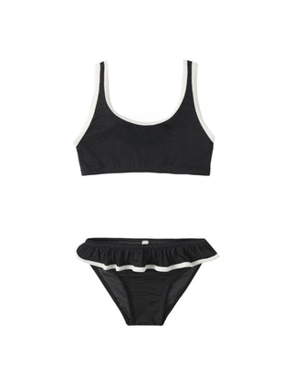 Black Rylee & Cru Daisy bikini swimsuit with floral pattern, featuring a stylish top and matching bottoms for swimming and beachwear.