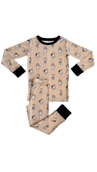 In My Jammers DJ BooMBox Two Piece Set Children's pajama set with a pattern of cartoon characters on a beige background