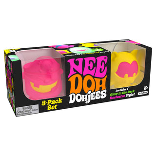 Schylling NeeDoh Dohjees 3-Pack Set Box of Nee Doh Dohjes toys with pink and yellow shapes, featuring Schylling branding.