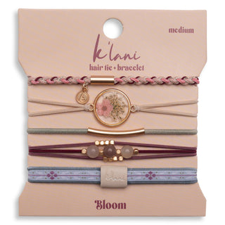 K'lani "Bloom" Maroon & Pink with Pressed Flowers Hair Tie Bracelets
Set of hair tie-bracelets on a 'Bloom' branded card with 'kéülani' branding.
