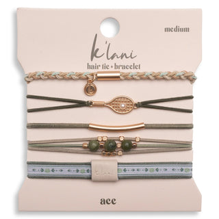 K'lani "Ace" Green & Gold Tennis Racket Charm Hair Tie Bracelets
Set of hair ties and bracelets on a 'Kilani' branded card