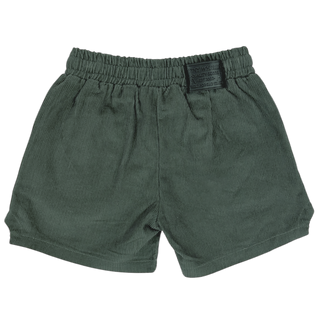 Tiny Whales Dad Shorts - Pine Green shorts with a belt on a white background