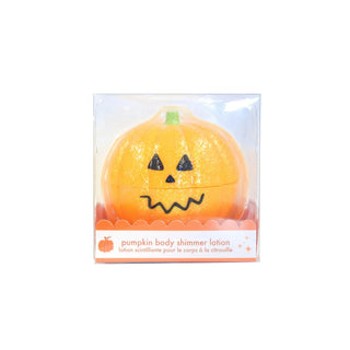 Daydream Society Trick or Treat Pumpkin Body Shimmer
Pumpkin-shaped body shimmer lotion in a clear plastic box with a white and orange label. The lotion container is orange with a black jack-o'-lantern face and a small green top.