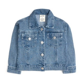 Blue denim jacket on a white background