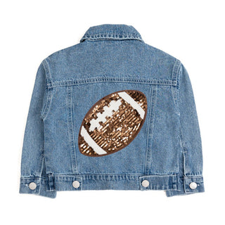 Sweet Wink Game Day Football Sequin Patch Denim Jacket Denim jacket with a sequined football patch on a white background