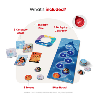 Disney Quiz Kingdom Tonieplay Controller + Game Set
Toy set with cards, disc, controller, tokens, and play board on a white background.