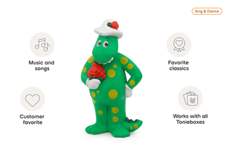 Tonies Character - The Wiggles: Dorothy The Dinosaur
Toy dinosaur with holiday hat and flower, featuring icons for music, favorites, customer favorite, and compatibility with Tonieboxes on a white background.