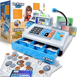 Dr. Stem Talking Cash Register Playset
Toy cash register with Dr. STEM Toys branding, including a box and accessories on a white background.