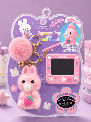 Hot Focus Squeeze Fun LCD Board - Happy Bunny
Pink bunny toy with LCD board in clear packaging on a purple background